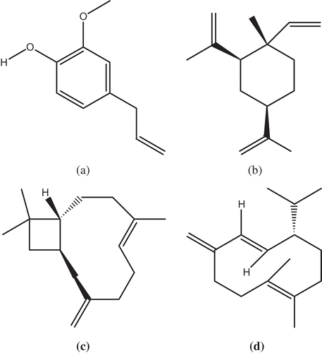 Figure 2. Structure and quantity (g/100 g) of some major compounds of O. sanctum essential oil: A: Eugenol (20.9 g/100 g); B: β-elemene (18.7 g/100 g); C: β-caryophyllene (18.5 g/100 g); D: Germacrene D (4.9 g/100 g).