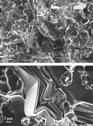 Figure 5. (a) SEM overview image of fracture surface of (Cr,Mn)2GaC. MAX phase appears as layered grains with typical diameters of 20–40 μm and, (b) kink band in individual grain.
