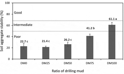 Figure 3. Soil aggregate stability (SAS) with error bars showing ± standard deviation from three replications of each treatment of studied soils with added drilling mud (DM) at DM-to-soil volumetric ratios of 0:100 (DM0), 25:75 (DM25), 50:50 (DM50), 75:25 (DM75), and 100:0 (D100). Stability classification is defined as good (SAS >70%), intermediate (50% ≤ SAS ≤70%), and poor (SAS < 50%) according to Moncada et al. (Citation2013). Values in each histogram, followed by the same letter, are not significantly different at α = 0.05 (LSD method)