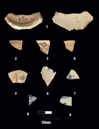 FIG. 5 Bone China. 1. 1610287 waster base; 2. 1610287 waster base showing underglaze marks; 3. 100019 waster rim showing underglaze marks; 4. 100018 waster rim showing underglaze; 5. 100017 waster body showing pencil scalloping; 6. 100016 waster body showing underglaze, post breakage shaping; 7. 16444184 decorated body; 8. 1610321 decorated glazed waster; 9. 1610322 decorated body ‘Royal Lily’; 10. 988 decorated body hand painted.