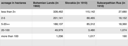 Figure 2 Landowning structure in Czechoslovakia before the land reform. Sources: Urban (Citation2003, p. 121) for the Bohemian Lands and calculation based on Statistická příručka, Citation1925/II, p. 160 for Slovakia and Subcarpathian Rus. + less than 2.5 ha in Slovakia and Subcarpathian Rus. ++ up to 25 ha in Slovakia and Subcarpathian Rus.