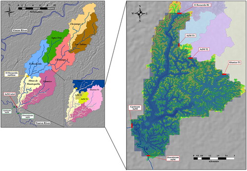 Figure 12. Abras de Mantequilla wetland (AdM) - main inflows and Hydrodynamic model schematization. Left panel: “El Recuerdo” (yellow dot) collects the run off of the five contributing microbasins from Upper Chojampe Sub-basin (Chojampe 1, Las Tablas, Chojampe 2, Agua Fria and El Recuerdo). Abras de Mantequilla wetland area (in light yellow). Right panel: Hydrodynamic model schematization - Abras de Mantequilla wetland grid (from Delft3D-FLOW). Boundary conditions (in red lines). Low boundary condition (Upstream AdM) represents the main inflow to the wetland “The Nuevo River-Estero Boquerón.” Upper boundary conditions (El Recuerdo, AdM T1, AdM T2 and Abanico T1). Source (Galecio Citation2013).