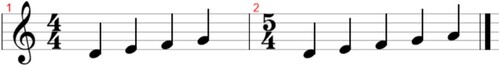 Figure 4. An example of two bars with different time signatures. If computing dbar for this pair of bars, the result would be 1 since the first four notes are the same and the last note of the second bar corresponds to a time which does not exist in the first bar. This choice comes from the fact that longer bars are usually used to extend a previous pattern (and similarly, shorter bars are usually used to reduce a previous pattern). This choice, however, does not have a significant effect on the results since most of the songs considered here have a classical 4/4 time signatures.