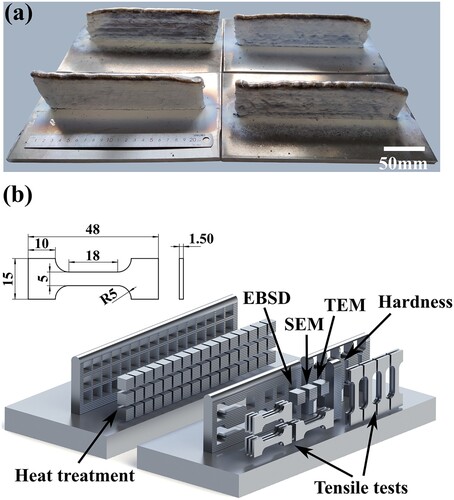 Figure 1. Single-pass multi-layered parts and specimen information: (a) Single-pass multi-layered parts for heat treatments and (b) specimen extracting location and tensile specimen dimensions.