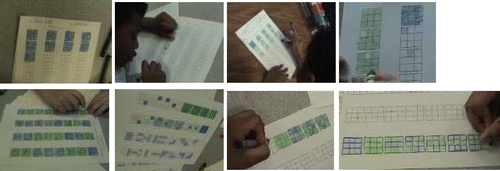 Figure 8. Students work on creating different combinations of the green-blue 9-block. They use personal methods that range and develop from explorative to rigorous.