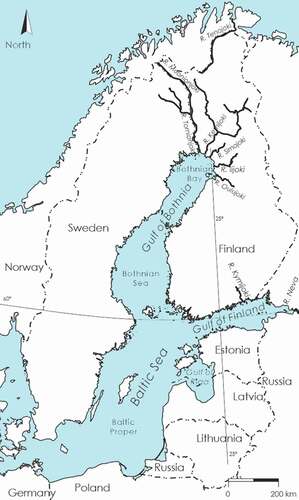 Figure 1. Locations of the rivers around the Baltic Sea into which salmon entered for spawning and at the mouth of which they were caught for M74 monitoring. The River Tenojoki, which flows into the Arctic Ocean and where the control salmon were caught, is also shown. The map was originally from the International Council for the Exploration of the Sea (ICES)