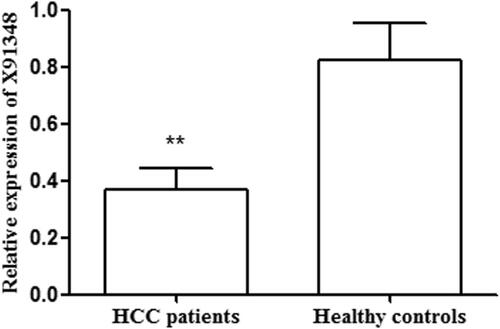 Figure 2. Relative expression of X91348 in serum samples. Serum X91348 expression level was significantly decreased in patients with HCC compared with healthy controls (p< .05).