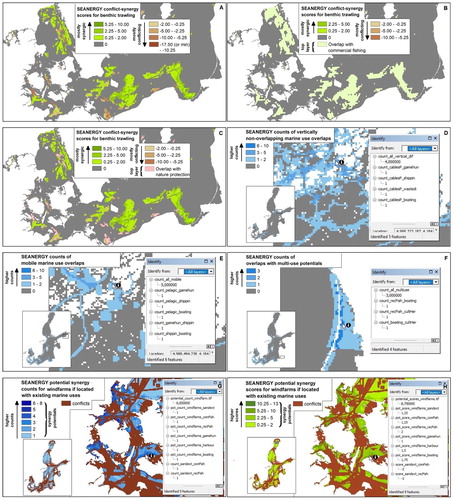 Figure 6. Potential conflict-synergy score maps and pairwise count maps from SEANERGY illustrating options to focus on one existing or hypothetical specific marine use and options to explore spatial-temporal marine use attributes.