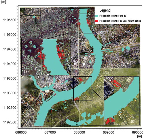 Figure 7. Comparison of floodplain extents of 50-year return period and Sta-50, with (a) and (b) showing zoomed-in images of the flooded areas. Sta-50: 50-year extreme rainfall, extreme sea level and extreme discharge under stationary conditions