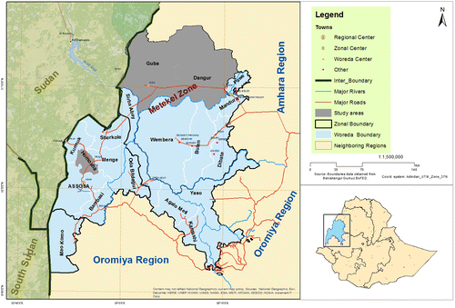 Figure 1. Map of the Benishangul-Gumuz regional state, showing the locations of the woredas studied. Sources: This map was created by Nigussie Abdissa, a colleague who works in the Tana-Beles Integrated Water Resource Development Project, Assosa, using ArcGIS 10.1 by Esri (© Esri). Boundary data were obtained from the Benishangul-Gumuz Bureau of Finance and Economic Development (BoFED).