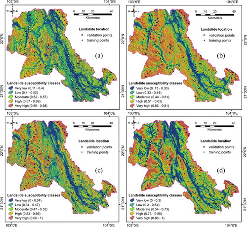 Figure 8. Landslide susceptibility maps produced ((a) ABRS, (b) BRS, (c) RS, (d) SVM).