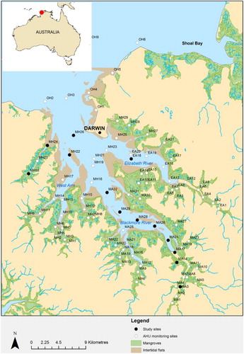 Figure 1. Darwin Harbour map with sites sampled in the study highlighted as black dots. Inset map shows location of Darwin (red dot).