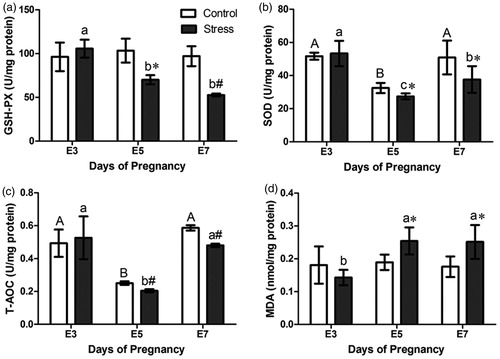 Figure 6. Effects of restraint stress on the oxidative stress states in the uterus on E3, E5, and E7. The bar chart shows the contents of GSH-PX (a), SOD (b), T-AOC (c), and MDA (d) in the uterus of the control and stressed groups on E3, E5, and E7. Values were expressed as the mean ± SD. The meaning of the letters in the bar chart is the same as Figure 1. *p < 0.05 and #p < 0.01 were used to denote the significance compared with the corresponding control groups.