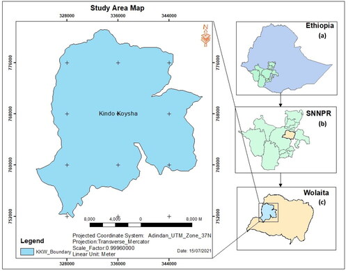 Figure 1. Location map of the study area. (a) SNNPR regions in Ethiopia, (b) Wolaita zone in SNNPR region and (c) Kindo Koysha Woreda in Wolaita zone.
