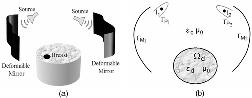 Figure 4. Two-dimensional representation of the (a) dual mirror microwave technique for hyperthermia, (b) computational model.
