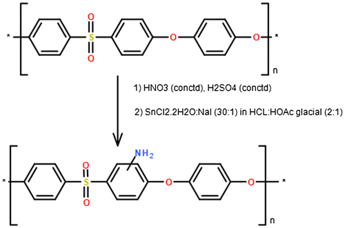 Figure 10. Schematic illustration of PES amination. PES (upper) and NH2-PES (lower) [Citation61].