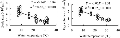 Figure 7. Regression relationships between body size and egg volume of B. angularis and water temperature in Lake Tingtang.