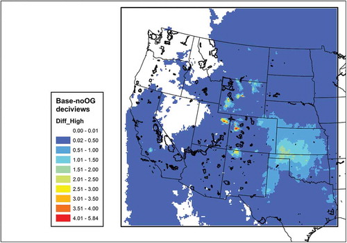 Figure 4. Modeled contribution of emissions associated with oil and gas production activity to visibility on the 20% haziest days. National parks and Class I areas are outlined in black.