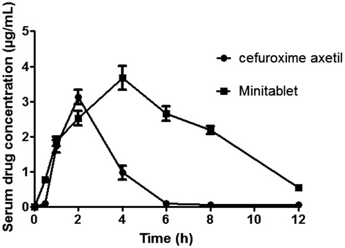 Figure 6. In vivo bioavailability studies for pure drug cefuroxime axetil and optimized minitablet formulation.