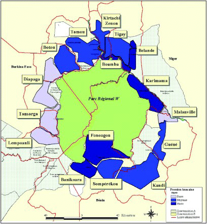 Figure 4. Cohesion and pressure of zoning sectors in the periphery of the W Regional Park.