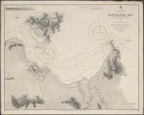 Figure 10. Chart of Cleveland Bay (Townsville) from 1886 commissioned by the Admiralty Hydrographic Department depicting railway infrastructure, shipping channels and harbour soundings in relation to the township, which itself acts as a navigational aid, in G. E. Richards, H.M.S. Paluma, Nautical Chart of Cleveland Bay, Queensland, 1886 (1892), courtesy of National Library of Australia