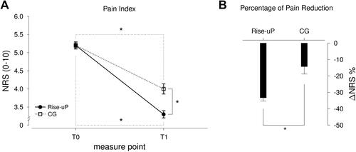 Figure 3 Means and standard errors (SE) of the pain index scores at both measure points (A) as well as the Δ % scores (B) for both groups (Rise-uP and CG). *Indicate significance on α = 0.05.