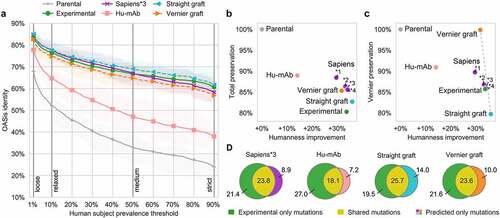 Figure 5. Sapiens achieved abalanced humanness-preservation tradeoff on 25 antibodies with known parental sequences.