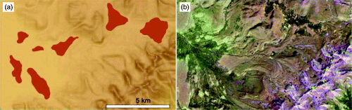 Figure 6. Examples of hummocky terrain (a) as mapped features on a DEM draped with a semi-transparent slope image, and (b) on Landsat imagery. Location of the area depicted is detailed in Figure 3.