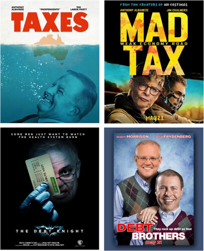 Figure 4. Examples of spoof movie posters as professional memes shared by the ALP (bottom) and Liberals (top). Source: @AustralianLabor, @LiberalPartyAustralia.