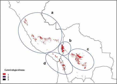 Figure 3. Centers of current refugia for 17 species of Polylepis in central Andes, based on habitat suitability generated with Maxent. Current refugia are defined as the intersection of areas classified as suitable habitat over the Last Glacial Maximum, mid Holocene and Anthropocene. Highlighted areas show climate refugia for a) central Cordillera of Peru, b) Lake Titicaca basin, c) western Cordillera of Bolivia, and d) semiarid Andes of Chile . Areas where probability of occurrence was predicted by only one climate scenario are indicated with the lightest color (1), areas predicted by two climate scenarios are indicated with an intermediate color (2), while areas where probability of occurrences were predicted by three climate scenarios are depicted with the darkest color (3)