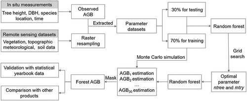 Figure 1. The overall workflow of the forest AGB estimation. Note that AGB and DBH represent aboveground biomass and diameter at breast height.
