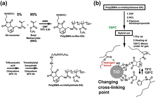 Figure 1. (a) Synthesis scheme of poly (BMA-co-triethylsilane-DA). (b) Preparation of titania – poly (BMA-co-triethylsilane-DA)-tetrabutylphosphonium chloride hybrid film using the sol – gel method.