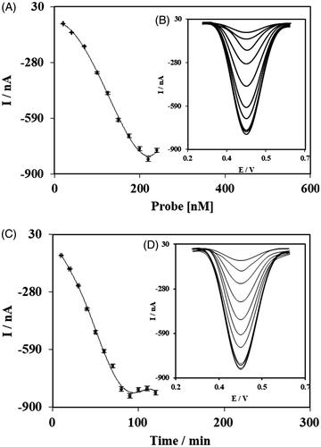 Figure 5. Results of experiments for determining optimum value of fabrication parameters; concentrations of ssDNA Probes (A) and their DPV curves (B), incubation time of ssDNA Probes (C) and their DPV curves (D).