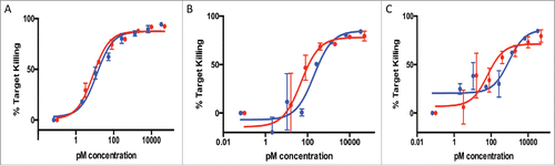 Figure 4. T-cell killing activity of 3 antibodies against B-cell targets (A: anti-CD20, B: anti-CD79 clone A, C: anti-CD79 clone B). Antibodies in the full-length IgG format (blue line) or bisFabs (red line) were tested against BJAB cells in an in vitro cell killing assay using human PBMCs. Values are the average of duplicate experiments ± standard deviation. The calculated EC50 and extent of maximum killing are: (A) IgG: 1.9 pM, 85%; bisFab: 0.8 pM, 85%; (B) IgG: 200 pM, 80%; bisFab: 49 pM, 75%; (C) IgG: 920 pM, 78%; bisFab: 65 pM, 67%.