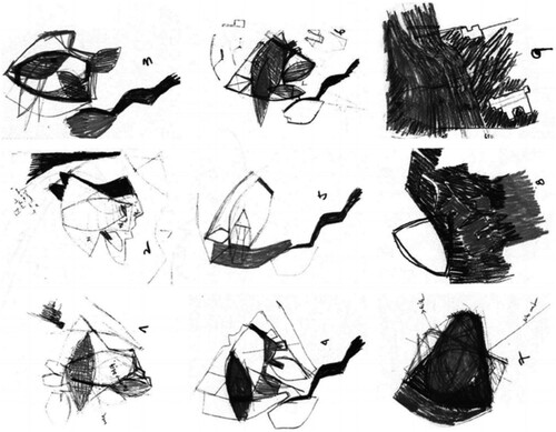 Figure 6. Enric Miralles. Sketches done for the project of the Scottish Parliament in Edinburgh. 1998. Archives project folder EMBT Miralles-Tagliablue loan from © Fundació Enric Miralles.
