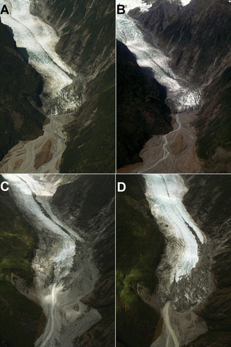 Figure 3  Changes of the debris cover on the lower glacier tongue of Franz Josef Glacier as seen on oblique aerial photographs (A, 03.03.2006; B, 27.03.2007; C, 28.0.2008; D, 08.12.2010).