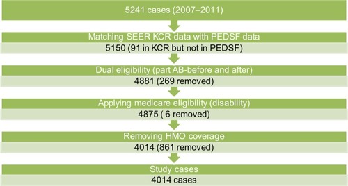 Figure 1 Flow diagram – patient population.Abbreviations: HMO, health maintenance organization; KCR, Kentucky Cancer Registry; PEDSF, patient entitlement and diagnosis summary file; SEER, Surveillance, Epidemiology, and End Results.