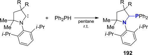 Scheme 115. Oxidative addition of Ph2PH to N-heterocyclic carbenes.[Citation48,Citation382]