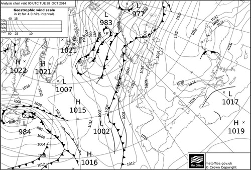 Fig. 3. Surface analysis chart from UK Meteorological Office, for 28 October 2014 00 UTC. Reproduced with kind permission of the Met Office.