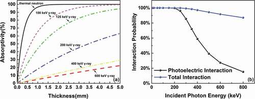 Figure 4. The thermal neutron and gamma ray absorptivity of CdZnTe crystal (a) and the interaction probability of gamma rays between 10 and 800 keV for 5 mm CdZnTe crystal (b).