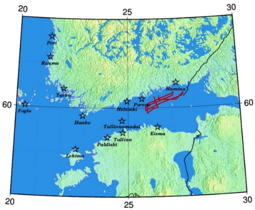 Figure 4. The tide gauges (stars) from Finland and Estonia that were used to model the DT in the Gulf of Finland.Source: Author