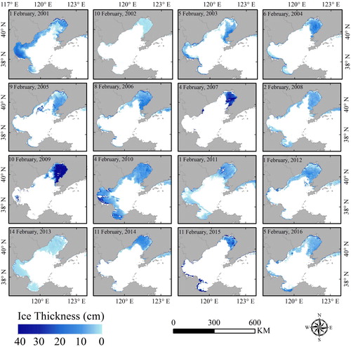 Figure 7. SIT map of the Bohai Sea on the day when the median ice extent occurred in each year during 2000–2016.