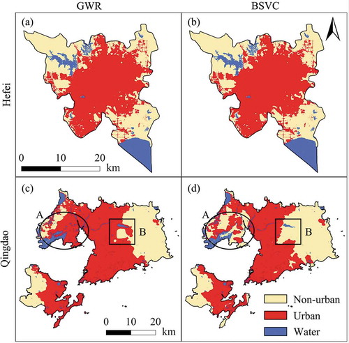 Figure 8. The 2018 simulated urban patterns based on the CAGWR and CABSVC models: (a) Hefei’s urban sprawl simulated by CAGWR; (b) Hefei’s urban sprawl simulated by CABSVC; (c) Qingdao’s urban sprawl simulated by CAGWR; and (d) Qingdao’s urban sprawl simulated by CABSVC.