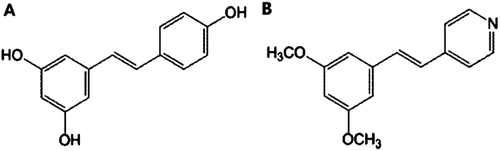 Figure 1.  Chemical structures of resveratrol and DPVP. (A) Resveratrol, (B) DPVP. The spectra data of DPVP are as follows: 1H-NMR (300 MHz, CDCl3): 8.51 (d, 2H, J = 5.7 Hz), 7.39–7.33 (m, 2H), 7.19 (d, 1H, J = 16.5 Hz), 6.93 (d, 1H, J = 16.2 Hz), 6.63 (d, 2H, J = 2.1 Hz), 6.40 (t, 1H, J = 2.1 Hz), 3.77 (s, 6H); MS (EI+) m/z 241 (M+, 77), 199 (100), 183 (97), 152 (50).