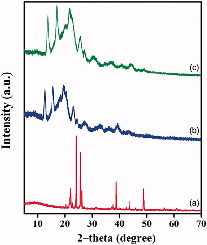 Figure 4. XRD spectra of (a) PXAG, (b) PXAG-PHB and (c) PXAG-PHB/FFE polymers.