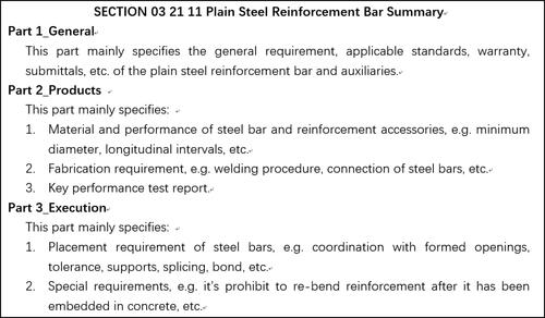 Figure 7. Section 03 21 11 plain steel reinforcement bar summary.