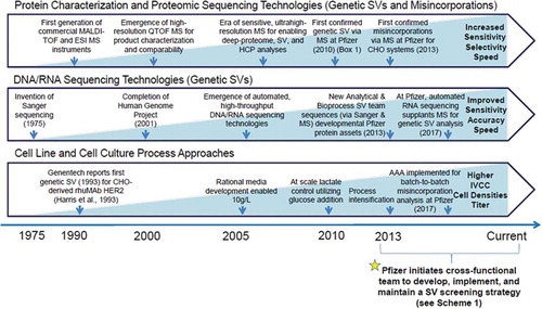 Figure 1. The evolution of protein characterization and proteomic analyses, DNA/RNA sequencing, and cell line and cell culture process approaches. The advances in mass spectrometric sensitivity and selectivity, depicted above, initially brought forward reliable detection of genetic SVs and low-level misincorporations in mammalian therapeutic protein candidates, but more recently, DNA/RNA sequencing technologies have supplanted MS techniques as the go-forward, routine genetic SV detection method at Pfizer due to ease-of-sample preparation, lower costs, and speed. Likewise, amino acid analysis (AAA) was implemented for routine, batch-to-batch monitoring of potential cell culture process-related misincorporations. With these two changes, valuable MS resources could be redeployed more effectively for the final, detailed check of product quality and potential SVs from the commercial-ready cell line and cell culture process (an activity that occurs after final clone nomination and Phase 1 clinical manufacture; see Scheme 1, SV Screen 3a and 3b).