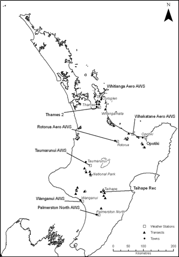 Fig. 1  Locations of transects used to study Scolypopa australis densities and the prevalence and intensity of honeydew on tutu (Coriaria arborea) in January to February 2009 (closed triangles). The locations of the National Institute of Water and Atmospheric Research (NIWA) weather stations from which the weather data were obtained are also shown (open squares).