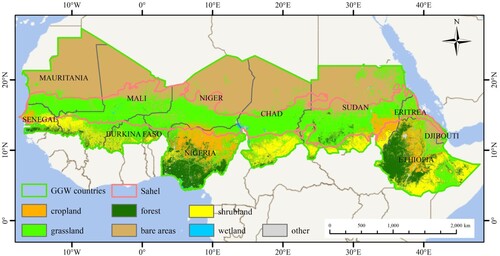 Figure 3. GGW countries and Sahel regions. Data source: https://zenodo.org/records/8239305. Data were reclassified. GGW, Great Green Wall.