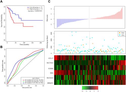 Figure 3 (A) Kaplan–Meier survival curve of patients stratified according to the 6-gene signature in the TCGA test dataset. (B) ROC curve and AUC of the 6-gene signature. (C) Risk score, survival period and gene expression level.